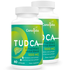 Canarata Tudca bottle front showing label and dosage details for liver support.
