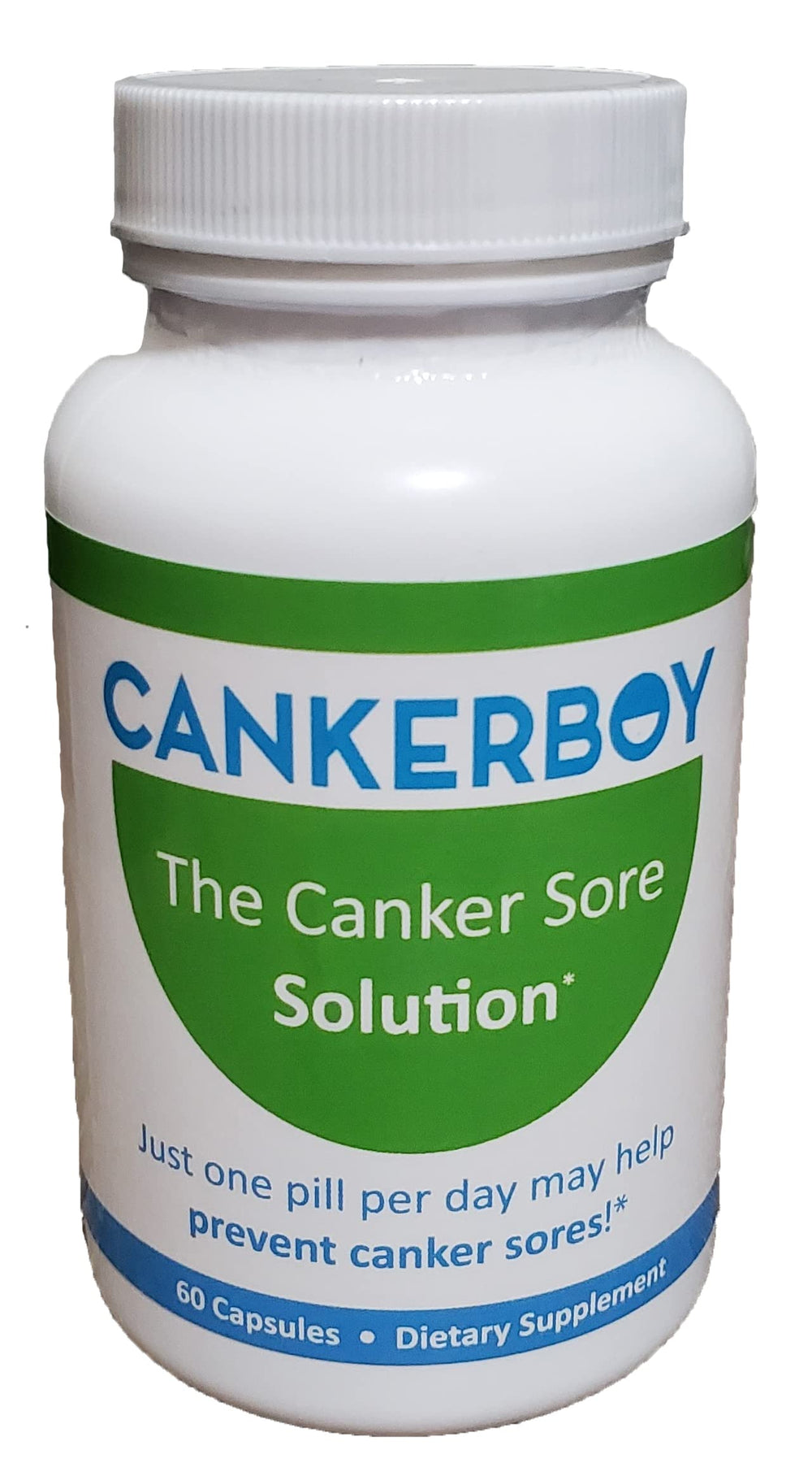 Cankerboy daily supplement bottle shown for convenient once-daily canker sore support