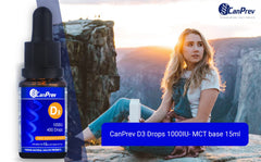 CanPrev D3 Drops label close-up highlighting daily vitamin D benefits.