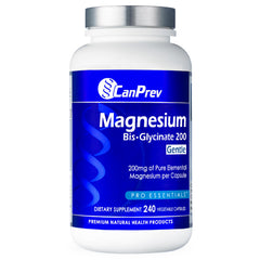 CanPrev Magnesium BisGlycinate 200mg bottle front view, highlighting gentle-on-stomach formulation.