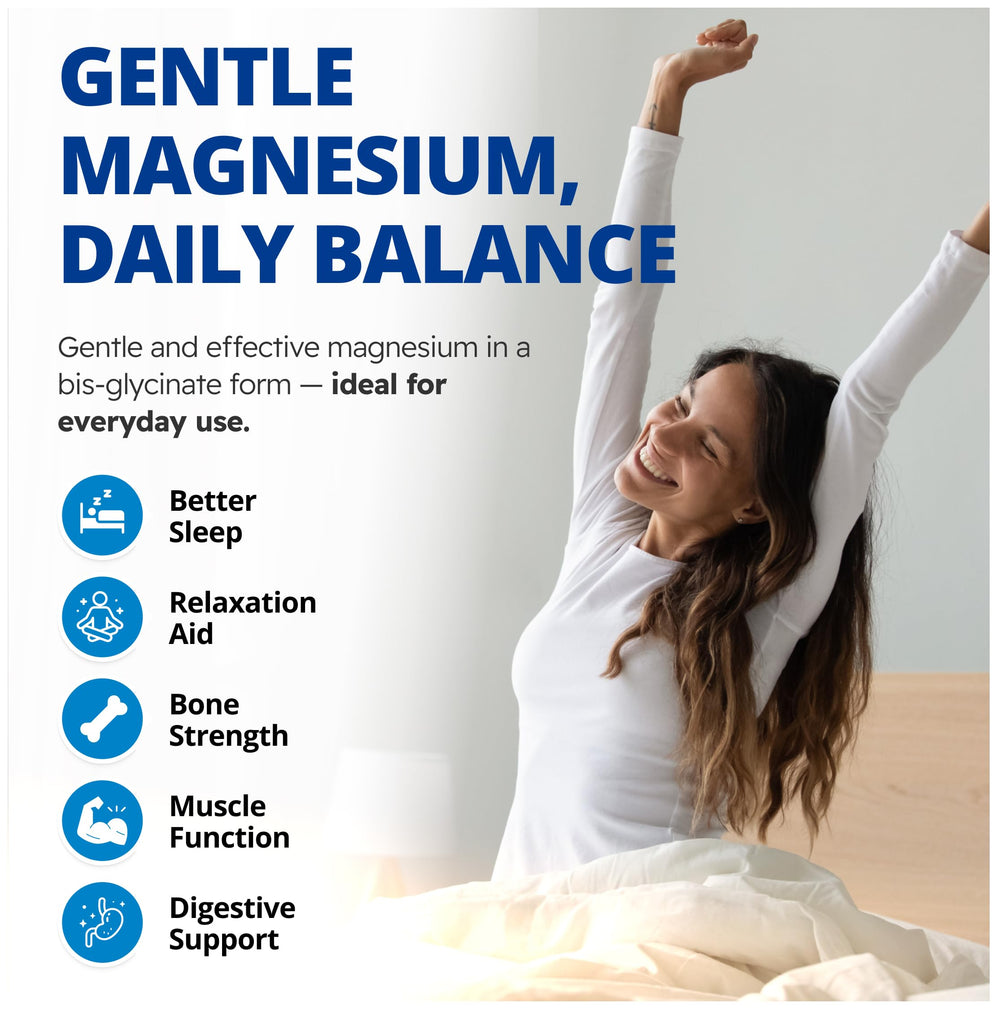 CanPrev Magnesium BisGlycinate 200mg capsules spilling from bottle illustrating easy-to-swallow, gentle formula.