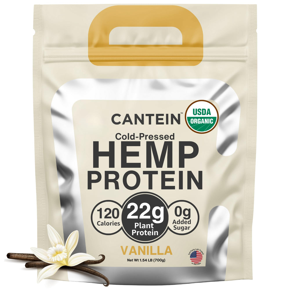Cantein Organic hemp protein powder front label showing clean ingredients for a keto-friendly shake