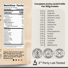 Cantein hemp protein powder ingredients panel emphasizes natural low-FODMAP formula for gentle digestion