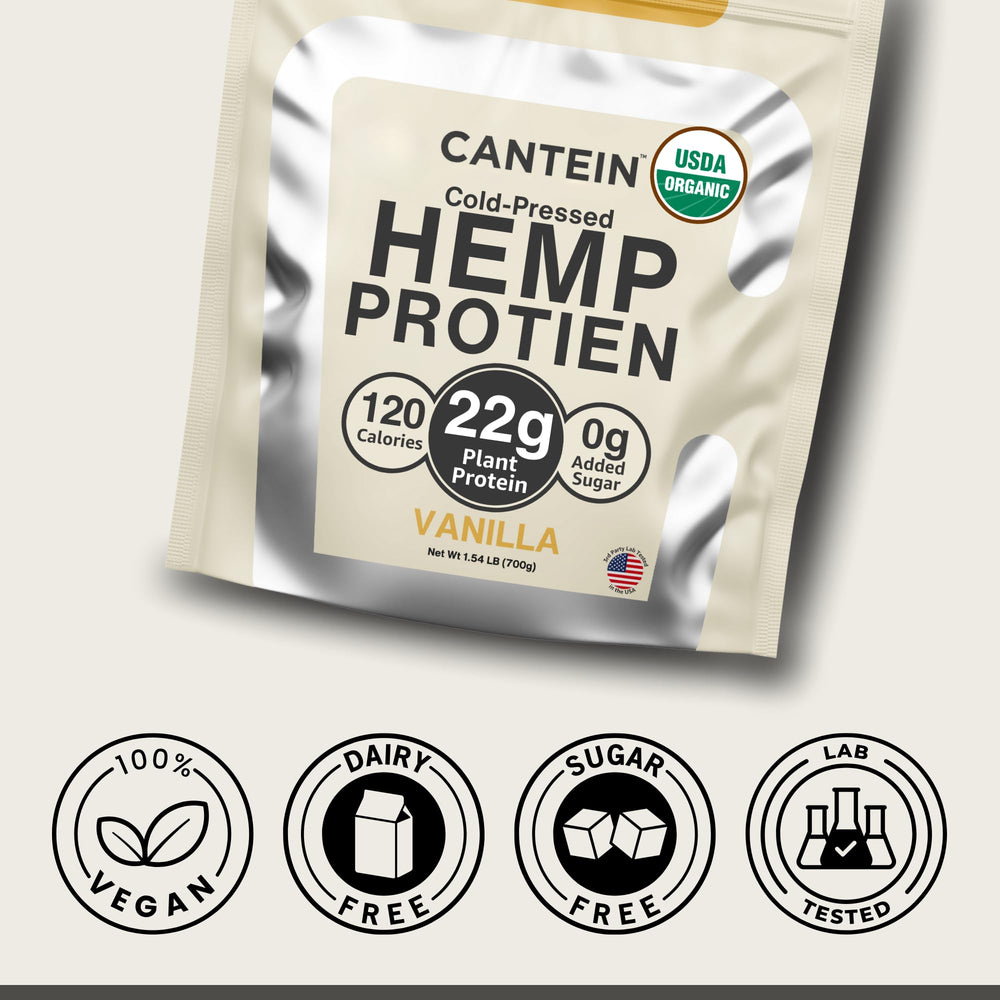 Cantein organic hemp protein powder packaging box communicates USDA Organic and non-GMO