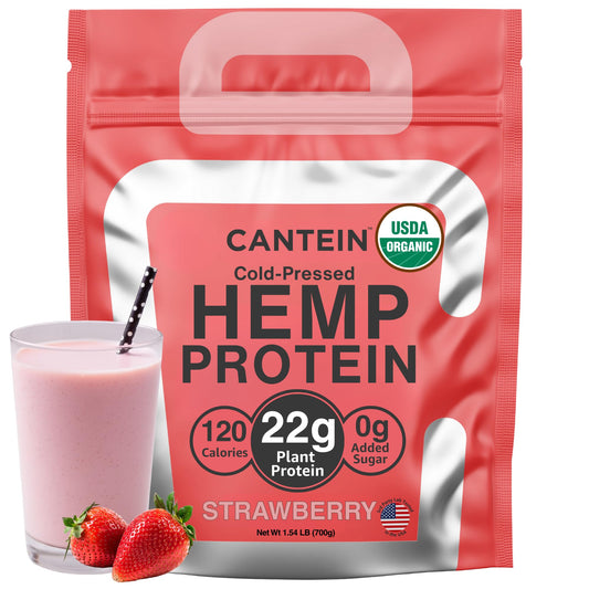 Cantein strawberry hemp protein label front highlights organic ingredients for clean daily nutrition.