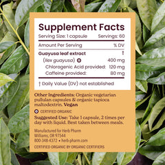 Herb Pharm Guayusa capsule closeup shows caffeine content.