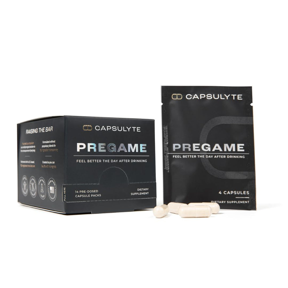Capsulyte Pregame bottle front view for convenient recovery support.