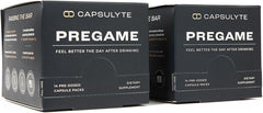 Capsulyte Pregame box front with pre-dosed packets for easy night-out use.