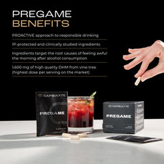 Capsulyte Pregame hydration focus with bottle and glass.