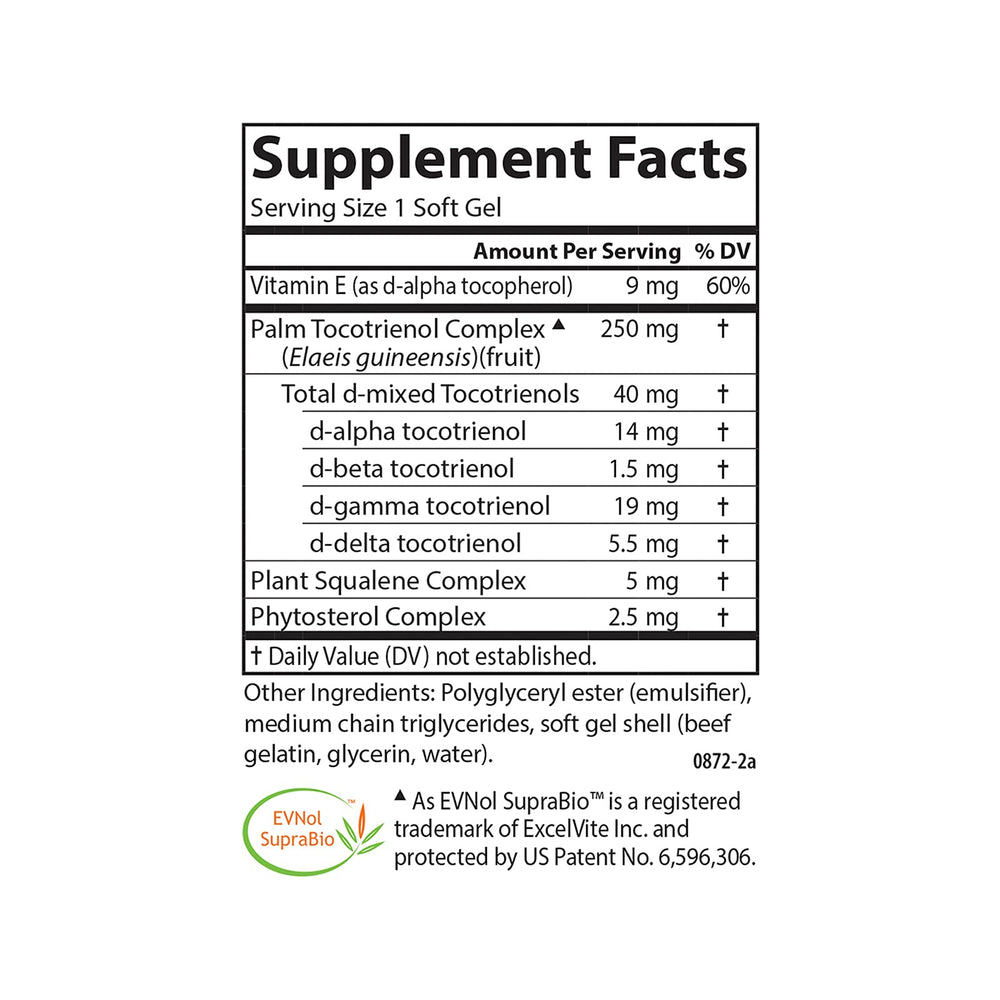 Carlson Tocomin SupraBio ingredients showcase full-spectrum tocotrienols including Alpha, Beta, Gamma, Delta