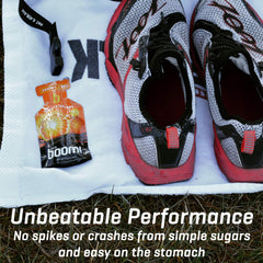 Carb Boom Banana Peach energy gel label closeup expresses clean ingredients.