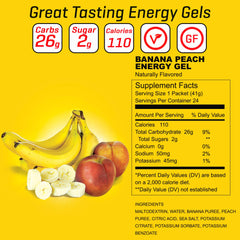Carb Boom Banana Peach energy gel tube closeup shows real fruit texture.