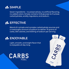 Close-up of Carbs Fuel energy gel 50g sachet showing smooth texture and portability