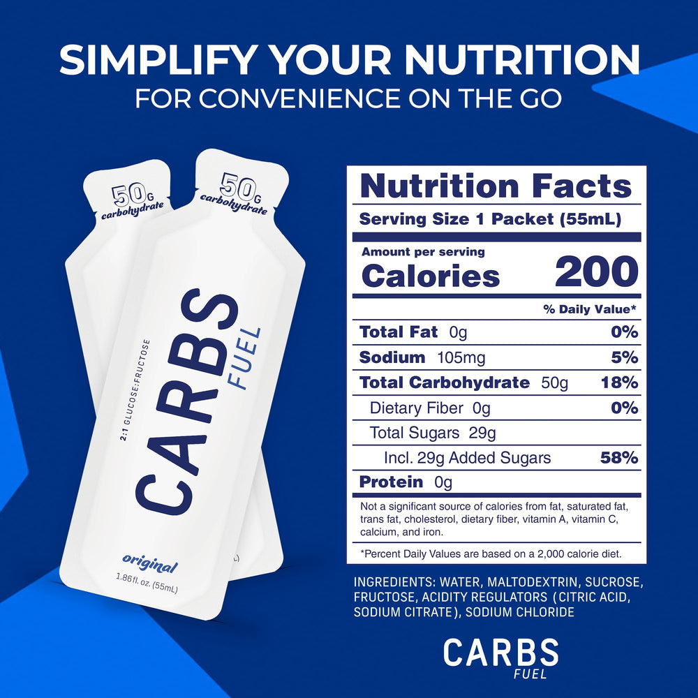 Graphic of 50g carbs per gel on Carbs Fuel Original product