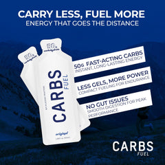 Carbs Fuel Original Energy Gel 55ml three-pack on race belt offers compact fueling