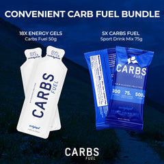 Carbs Fuel drink mix sachet showing 300 calories and 75 g carbs for hydration support