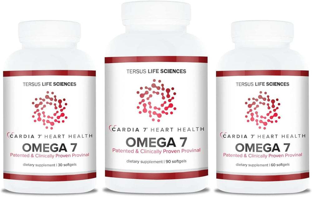 CARDIA7 brand label on omega-7 bottle highlights quality standards.