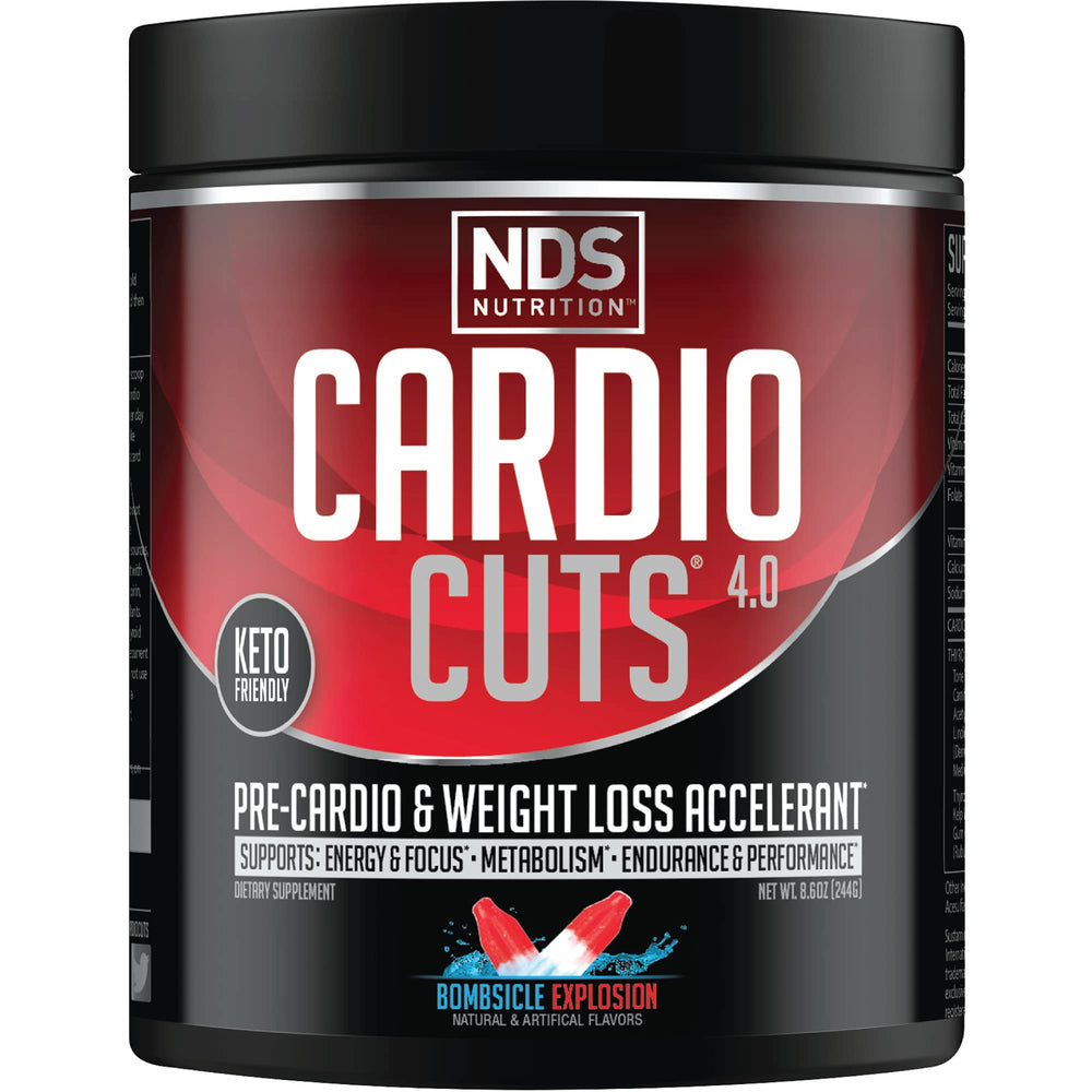 Cardio Cuts Bombsicle tub front showing flavor and all-in-one pre-workout benefits.