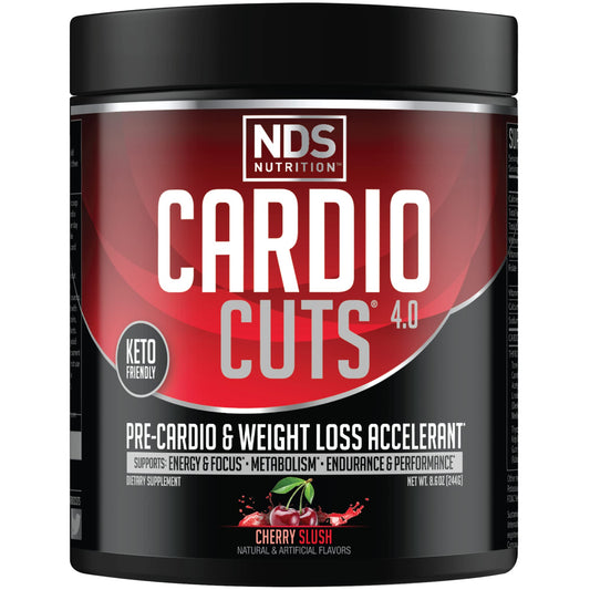 Cardio Cuts front label with Cherry Slush flavor for pre-workout energy boost.