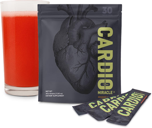 Cardio Miracle bottle pours a mixed berry drink for clean energy support.