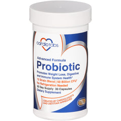 CardioTabs Advanced Probiotic bottle on counter highlighting shelf-stable design for convenient storage.