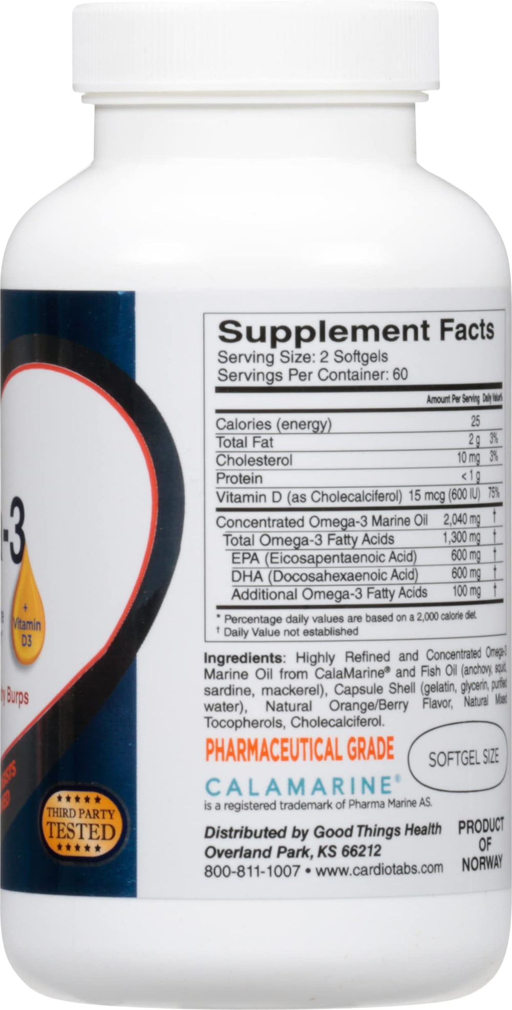 CardioTabs Vitamin D3 and Omega-3 label close-up showing dosage and ingredients