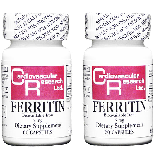 Cardiovascular Research ferritin 5mg bottle with clear dosage label for daily iron support.