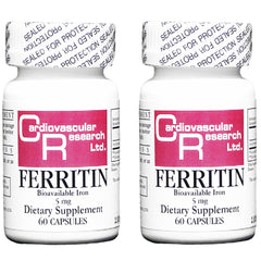 Cardiovascular Research ferritin 5mg bottle with clear dosage label for daily iron support.
