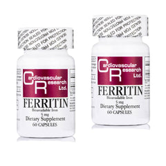 Cardiovascular Research Ferritin bottle with easy-to-swallow capsules for daily support.
