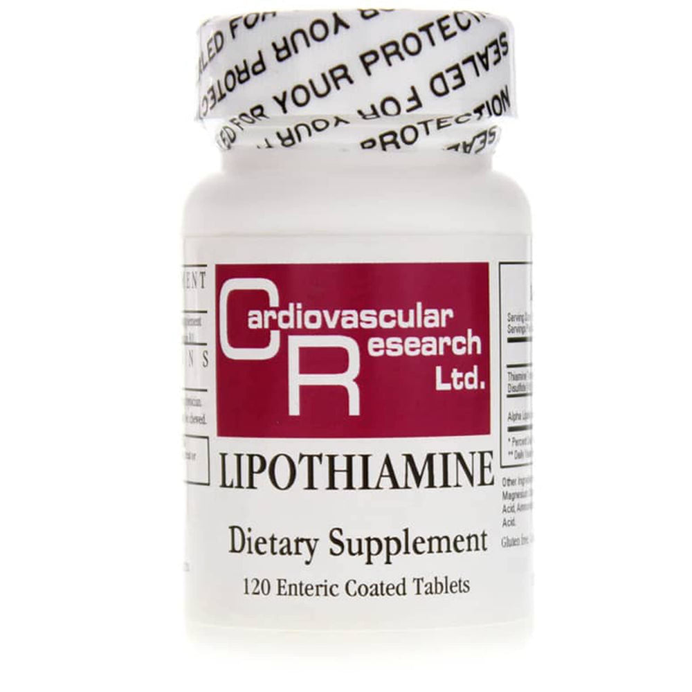 Cardiovascular Research Lipothiamine B bottle—highly bio-available B1 with alpha-lipoic acid for energy metabolism.