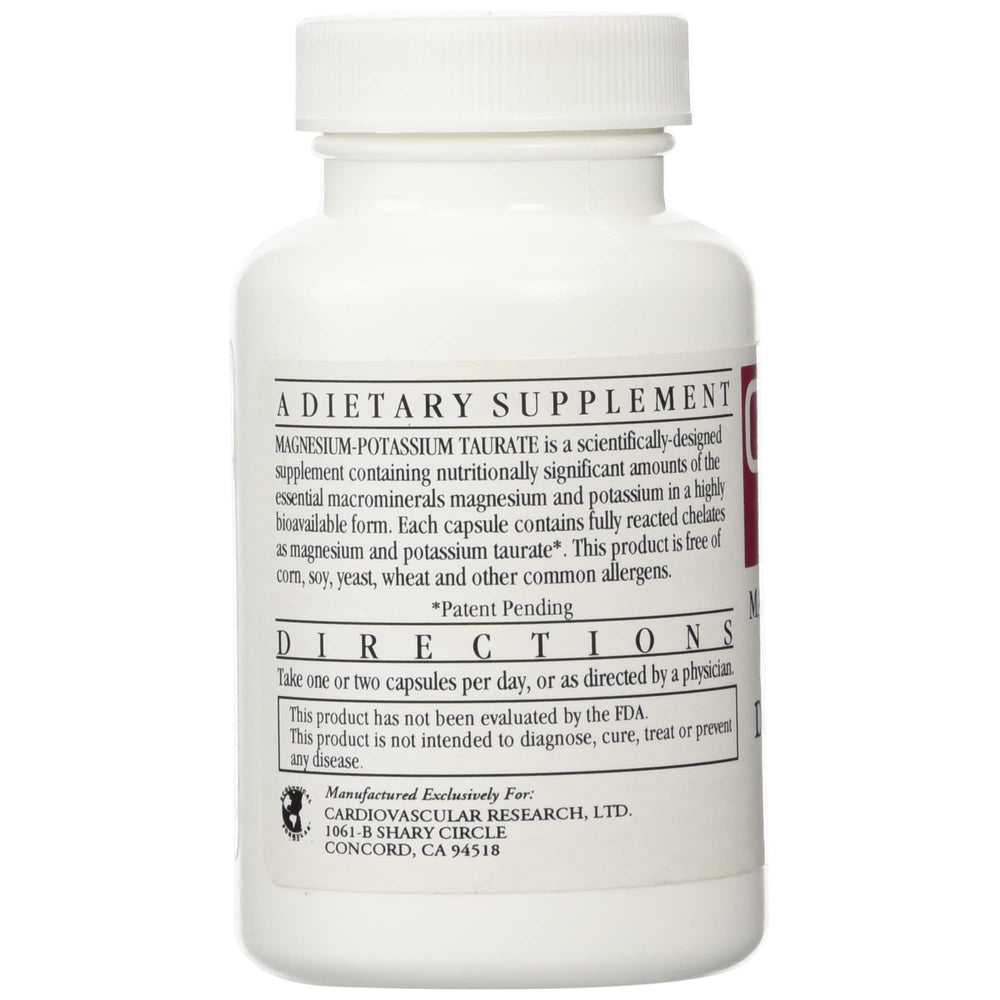 Cardiovascular Research Magnesium-Potassium Taurate bottle label highlights gluten-free and casein-free