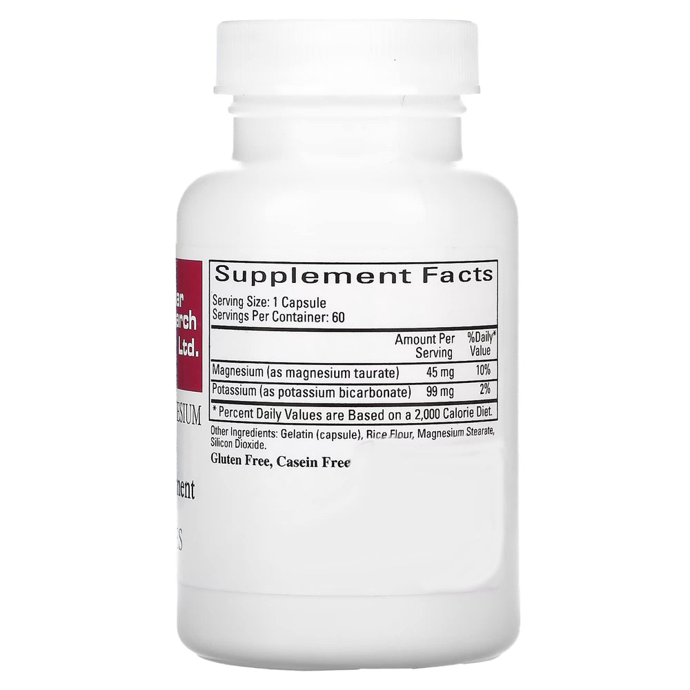 Cardiovascular Research Magnesium-Potassium Taurate capsules in bottle show fully reacted chelates