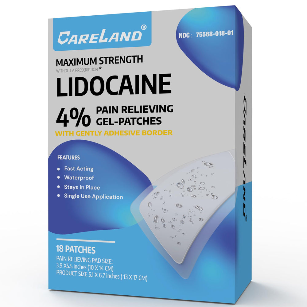 CARELAND lidocaine patches in packaging ready for use, ideal for on-the-go relief