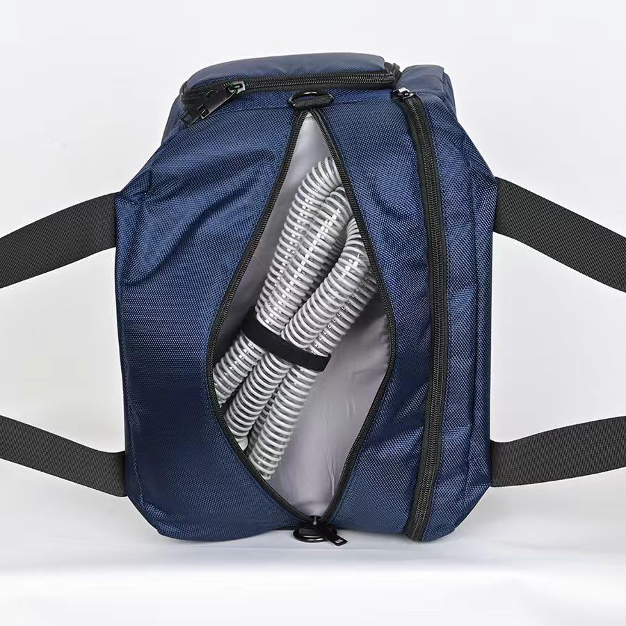 Carfany CPAP bag upper compartment blue, neatly organizing mask and accessories.