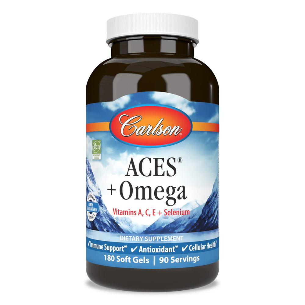 Carlson ACES + Omega softgels bottle for daily wellness support.