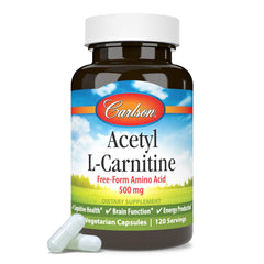 Carlson Acetyl L-Carnitine packaging box, compact and travel-friendly.