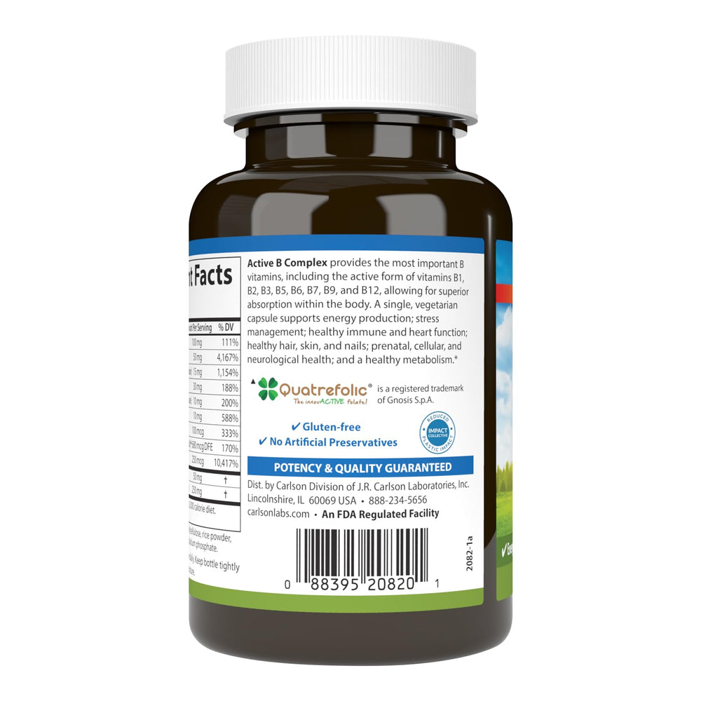 Carlson Active B Complex label detail highlighting potent B vitamins and vitamin C.