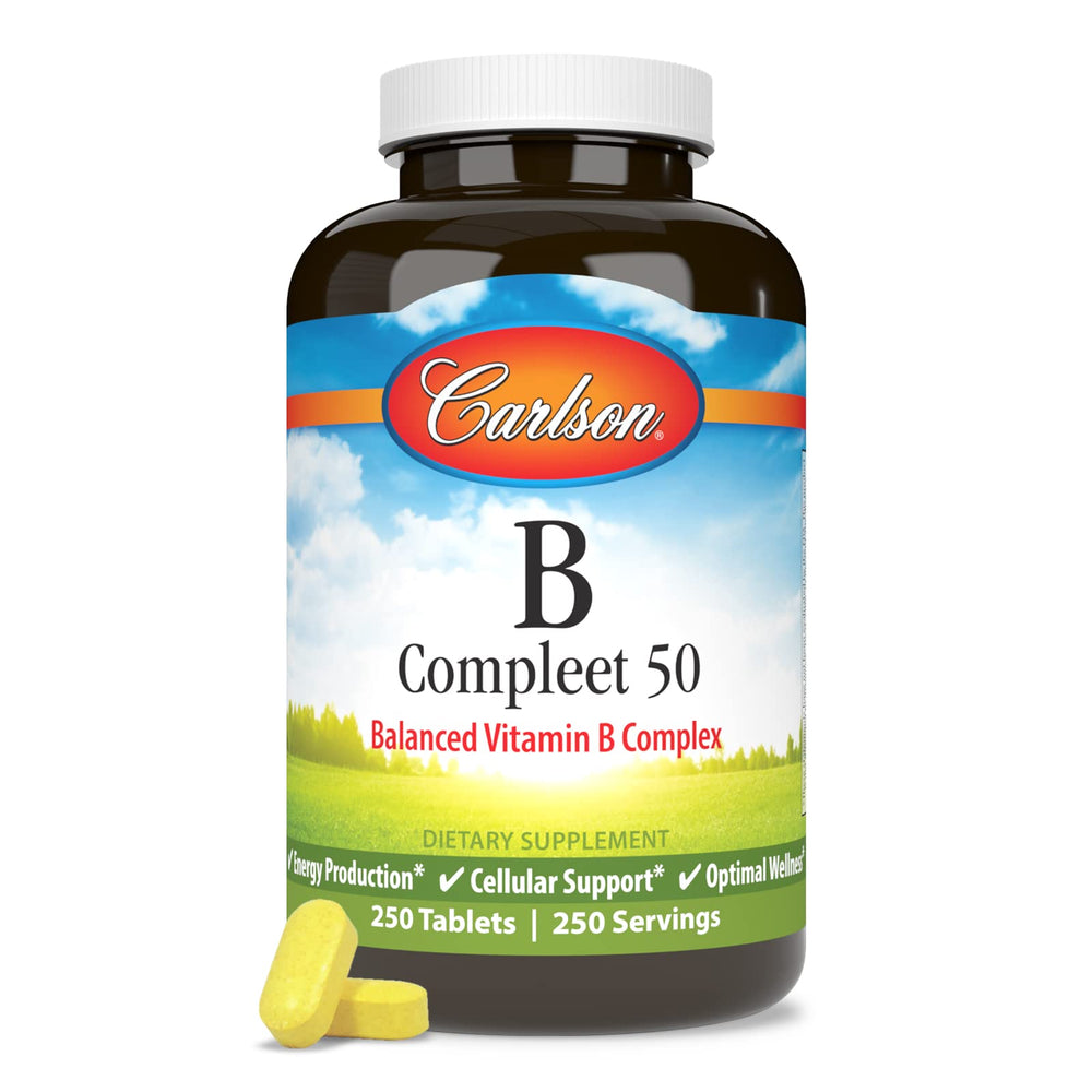 Carlson B Compleet 50 label design: trusted vitamin complex packaging