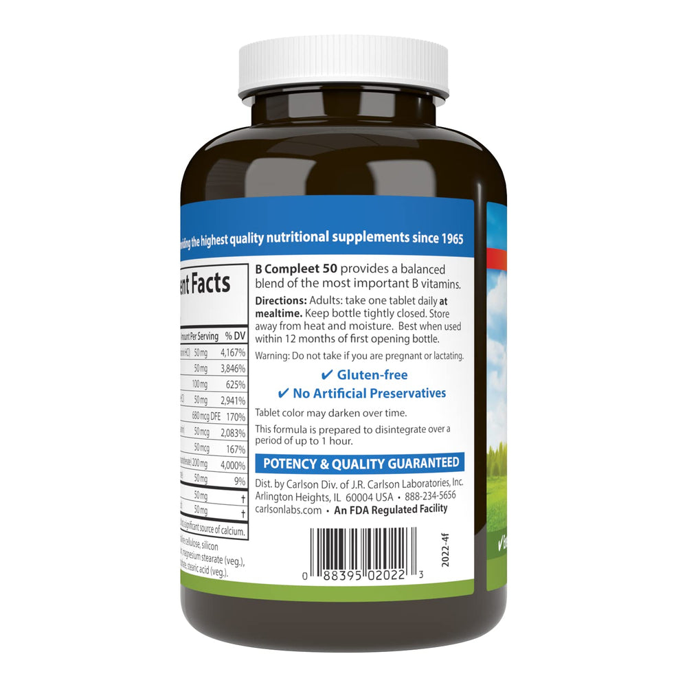 Carlson B Compleet 50 tablets closeup: compact daily B vitamin blend