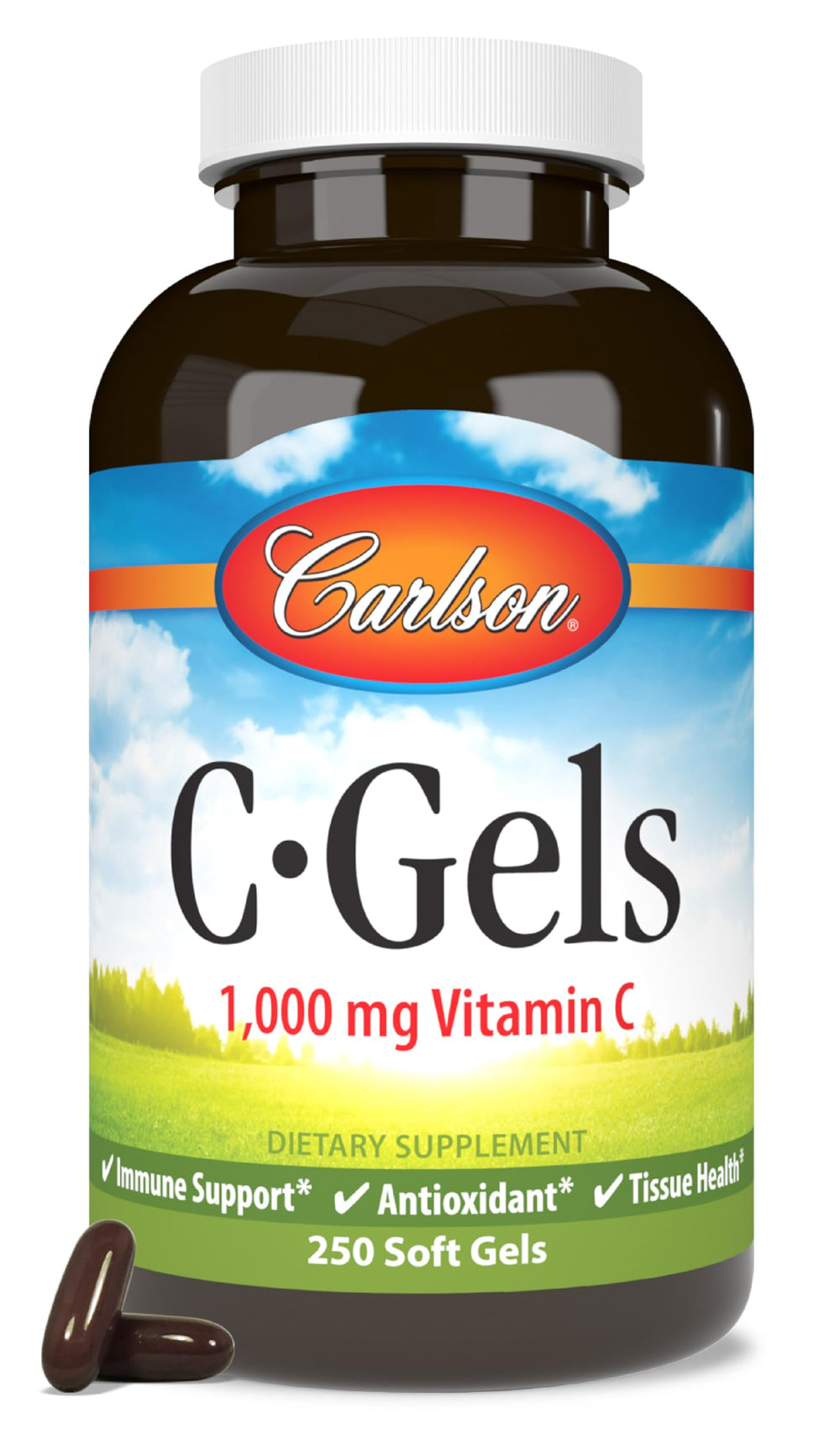 Carlson C-Gels 1000 mg vitamin C softgel bottle shown for daily immune support.