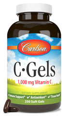 Carlson C-Gels 1000 mg vitamin C softgel bottle shown for daily immune support.