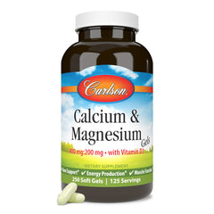 Carlson Calcium and Magnesium Gels bottle front for daily bone support.