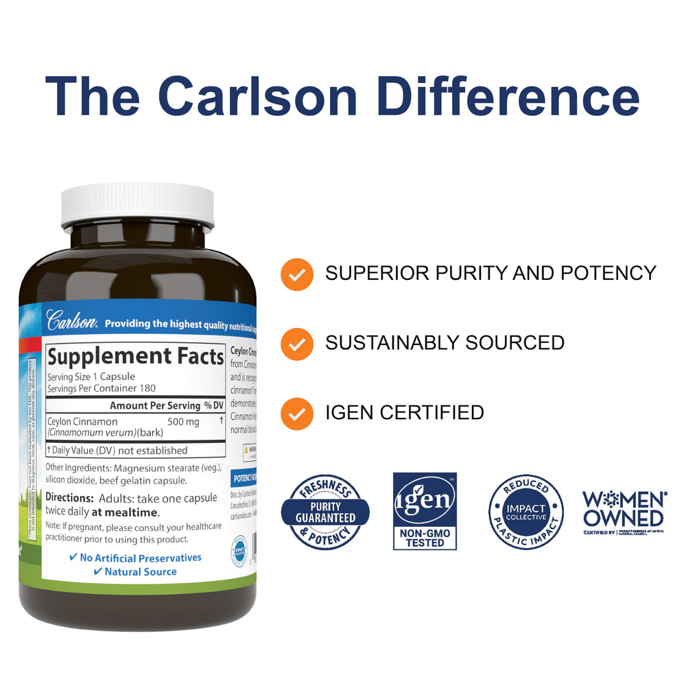 Carlson Ceylon Cinnamon capsules closeup showing convenient 500 mg dose.