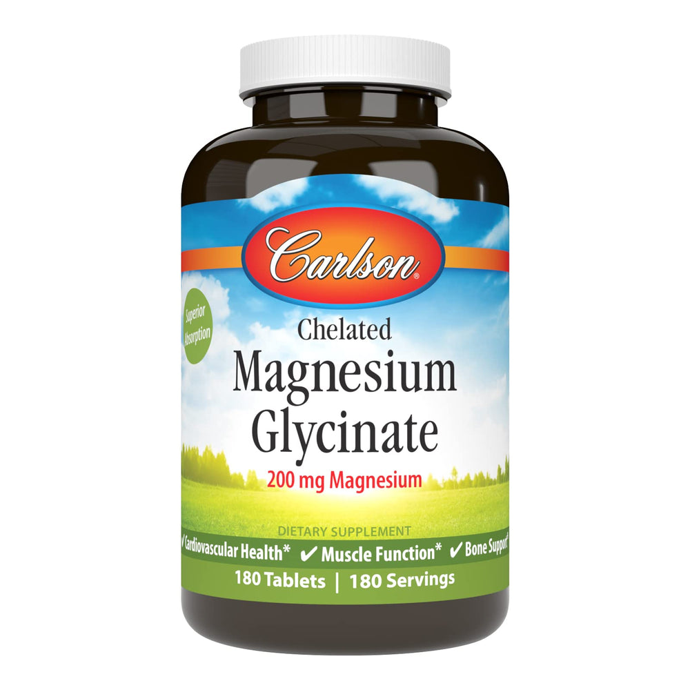 Carlson Chelated Magnesium 200mg bottle - front view, supports daily heart and nerve health.