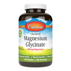 Carlson Chelated Magnesium 200mg bottle - front view, supports daily heart and nerve health.