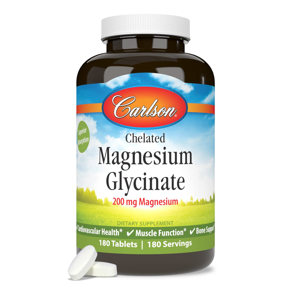 Carlson Chelated Magnesium 200mg label closeup - shows dosage and ingredients.