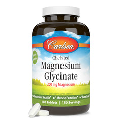 Carlson Chelated Magnesium 200mg label closeup - shows dosage and ingredients.