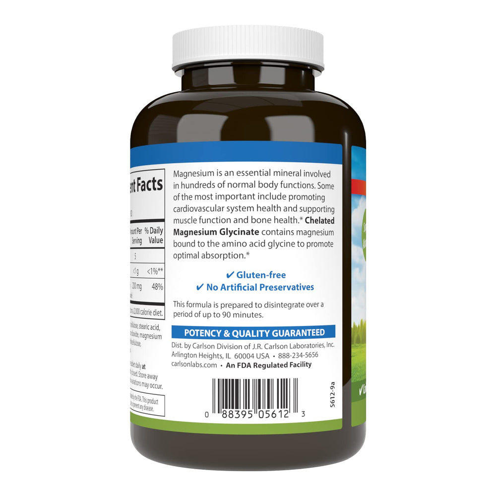 Carlson Chelated Magnesium 200mg packaging on desk - easy to add to your routine.