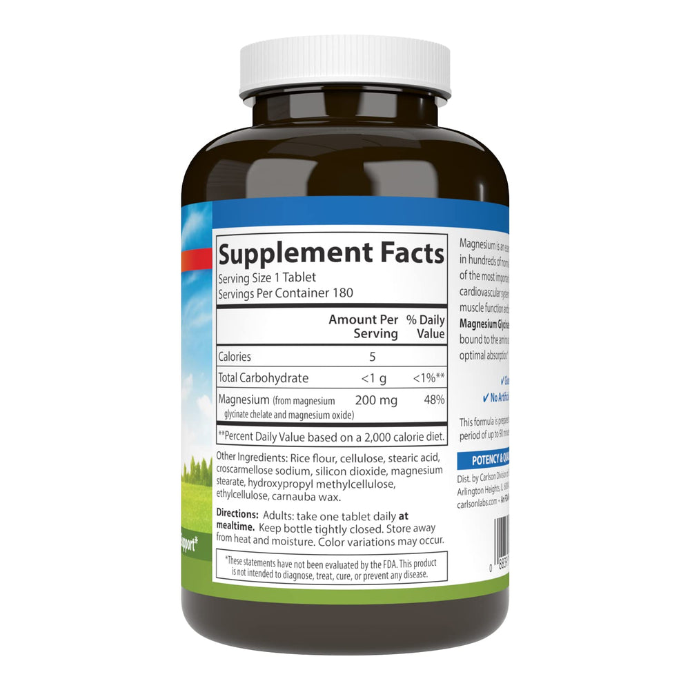 Carlson Chelated Magnesium 200mg tablets closeup - convenient daily dietary supplement.