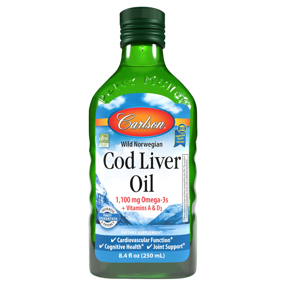 Carlson cod liver oil bottle ready for daily omega-3 intake